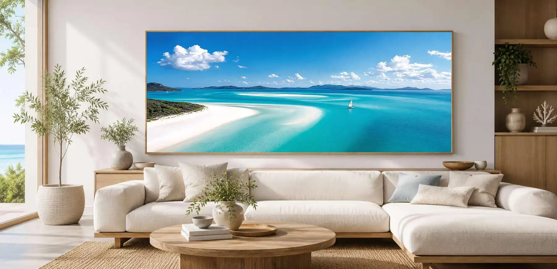 Tropical sailboat lagoon canvas art for luxury coastal living room decor.
