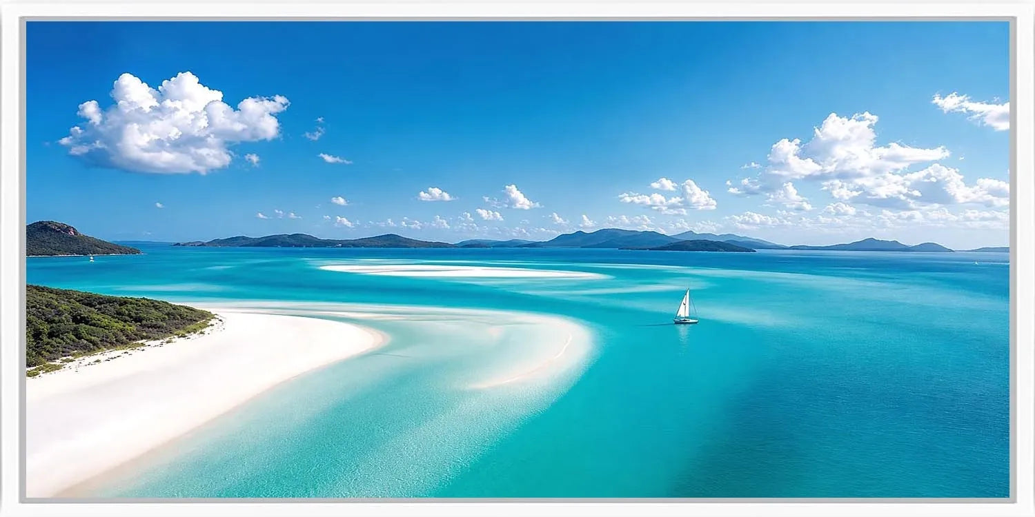 Tropical sailboat lagoon canvas art for luxury coastal living room decor.