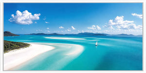 Tropical sailboat lagoon canvas art for luxury coastal living room decor.