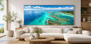 Aerial coral reef canvas art for tropical coastal office decor.