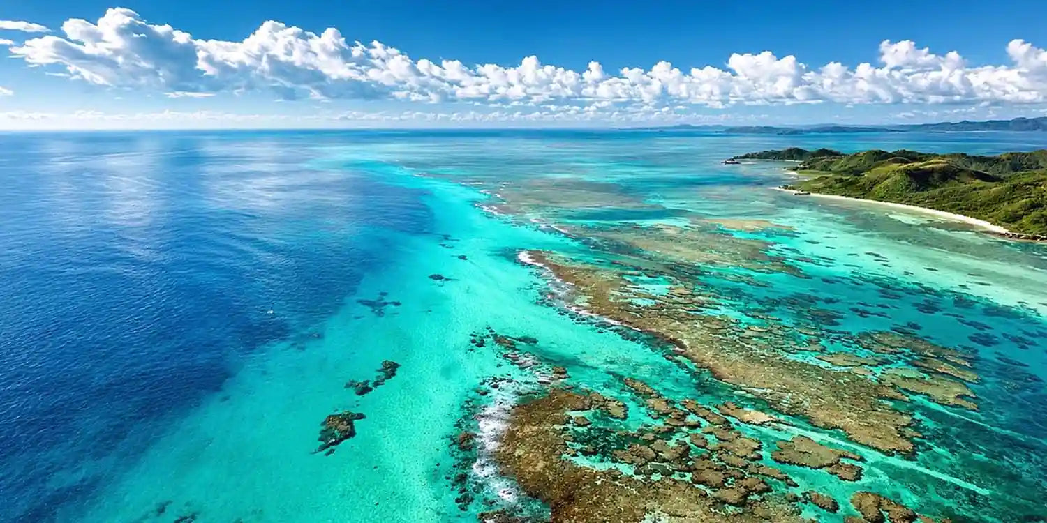 Aerial coral reef canvas art for tropical coastal office decor.