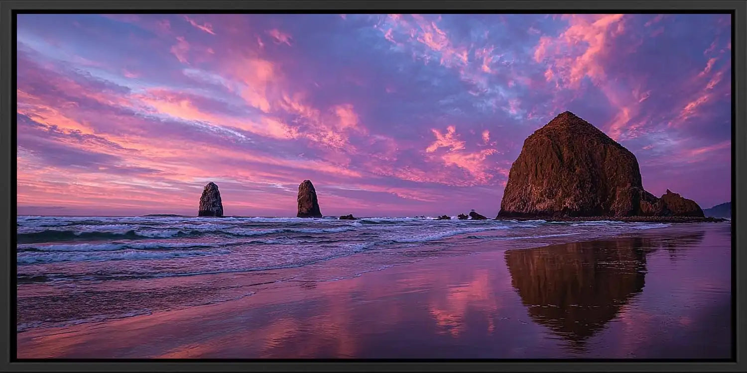 Purple sunset seastack canvas art for dramatic coastal living room decor.