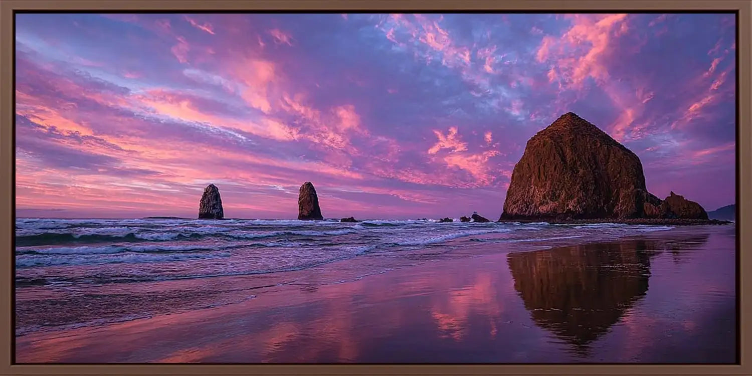 Purple sunset seastack canvas art for dramatic coastal living room decor.