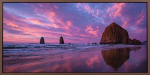 Purple sunset seastack canvas art for dramatic coastal living room decor.
