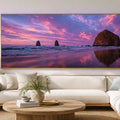Purple sunset seastack canvas art for dramatic coastal living room decor.