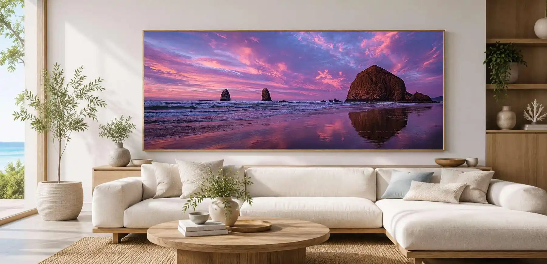 Purple sunset seastack canvas art for dramatic coastal living room decor.