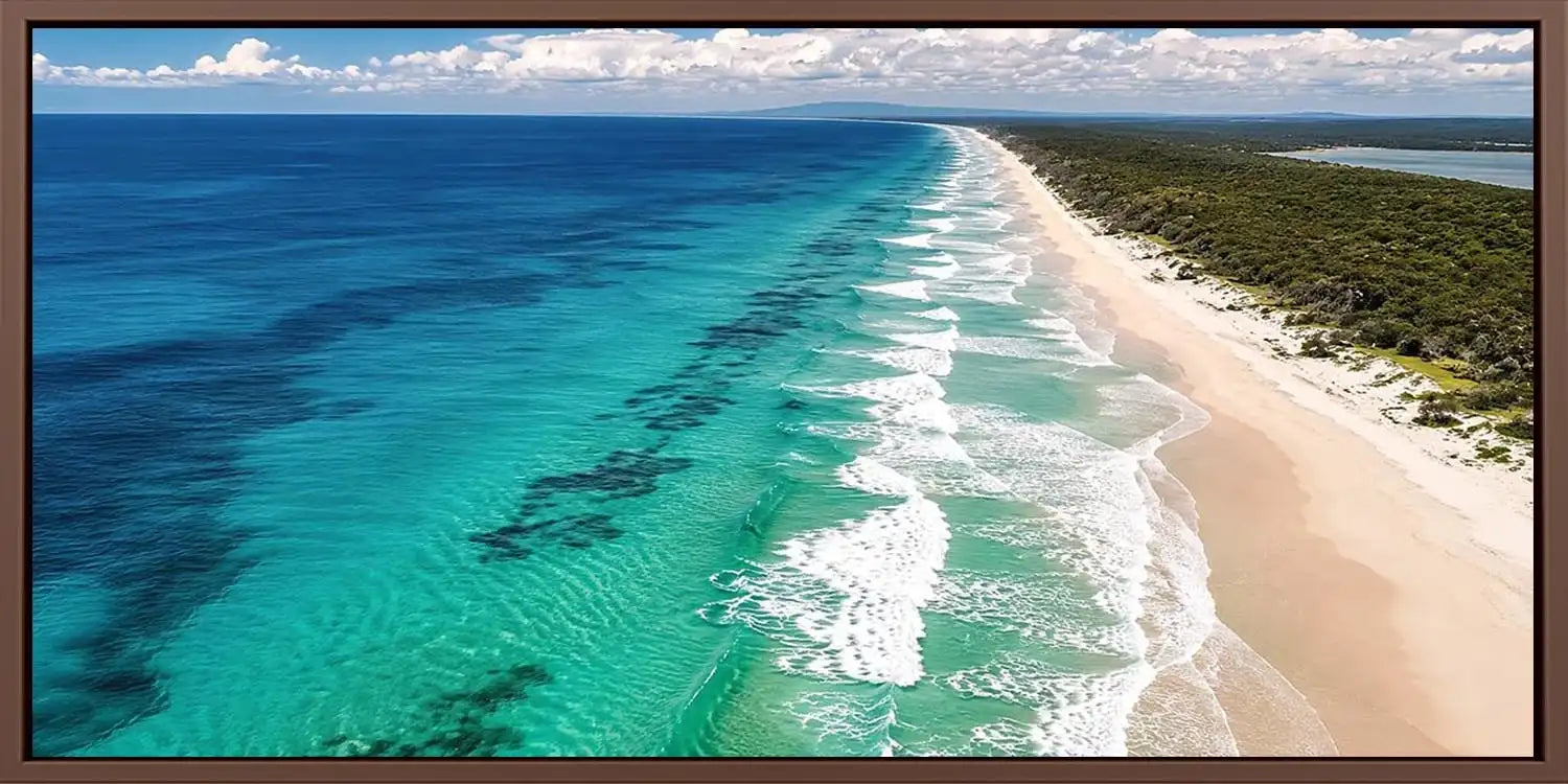 Aerial endless shoreline canvas art for modern coastal living room decor.
