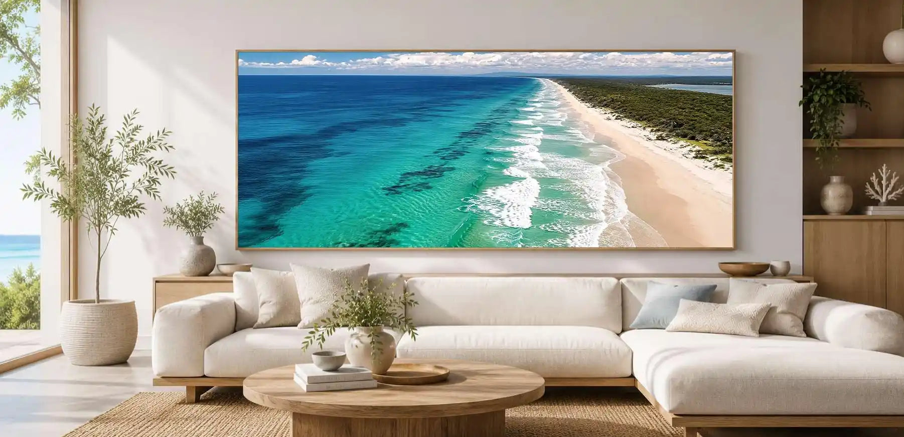 Aerial endless shoreline canvas art for modern coastal living room decor.