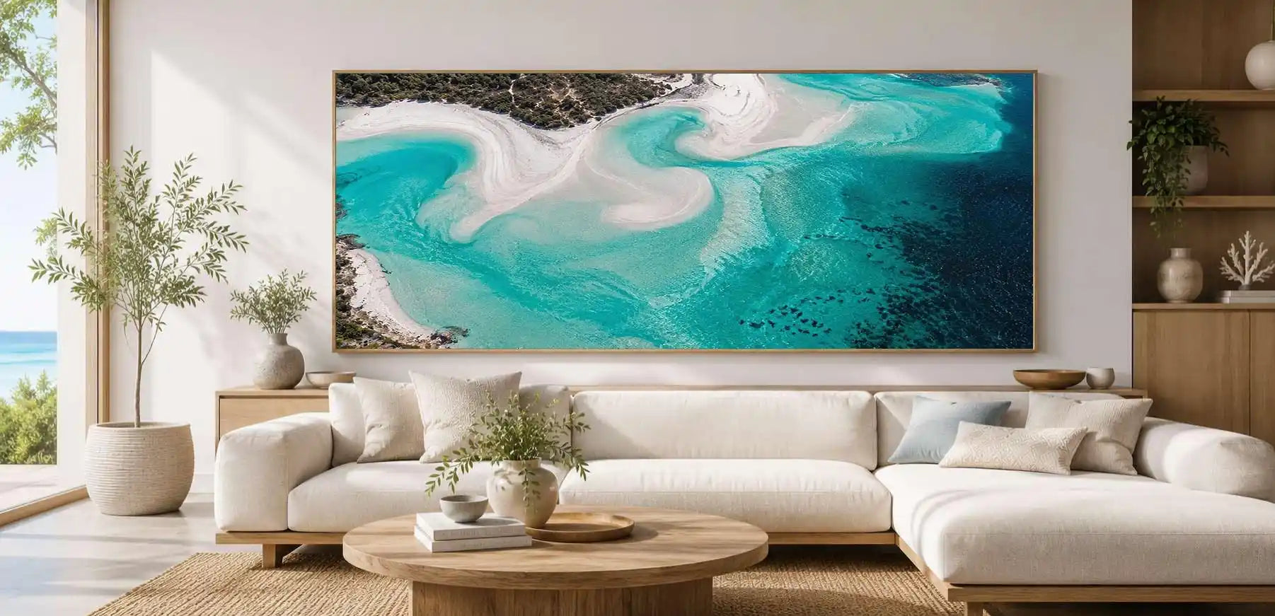 Crystal turquoise lagoon canvas art for calm coastal bathroom decor.