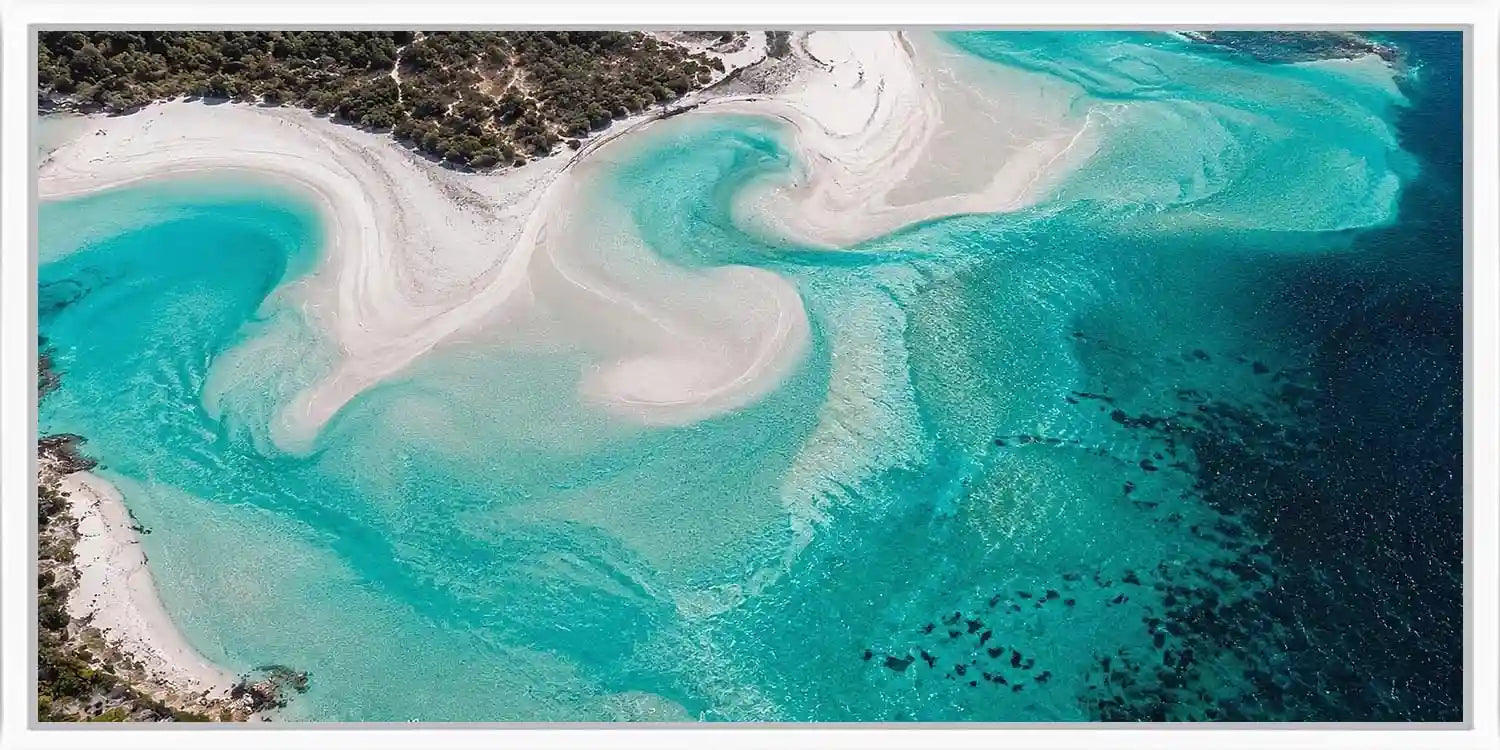 Crystal turquoise lagoon canvas art for calm coastal bathroom decor.