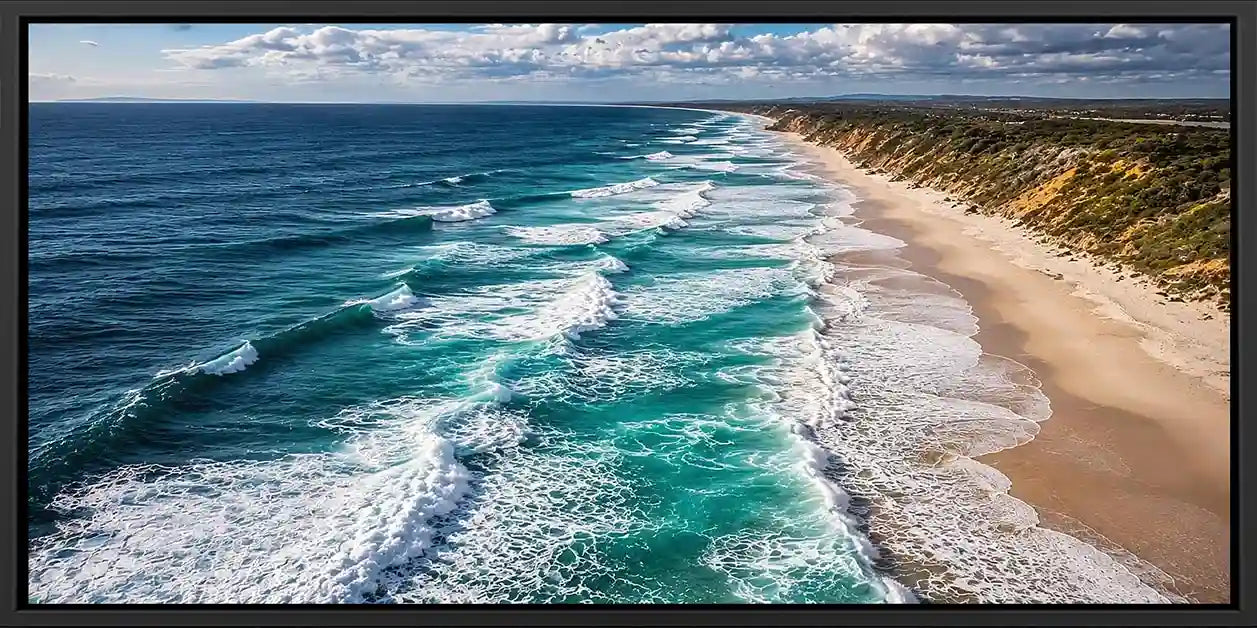 Moody aerial coastline canvas art for dramatic modern office decor.