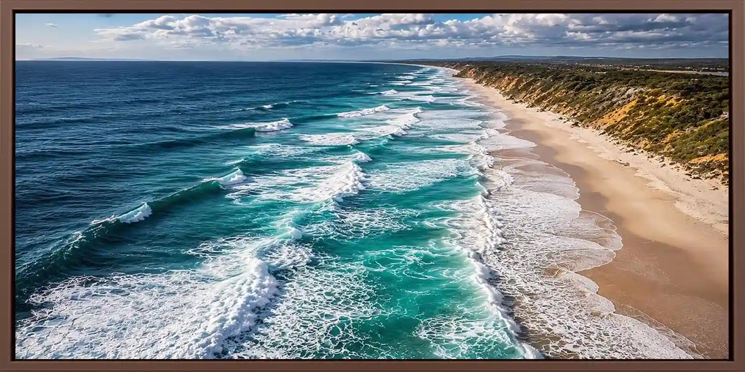 Moody aerial coastline canvas art for dramatic modern office decor.
