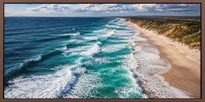 Moody aerial coastline canvas art for dramatic modern office decor.