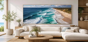 Moody aerial coastline canvas art for dramatic modern office decor.