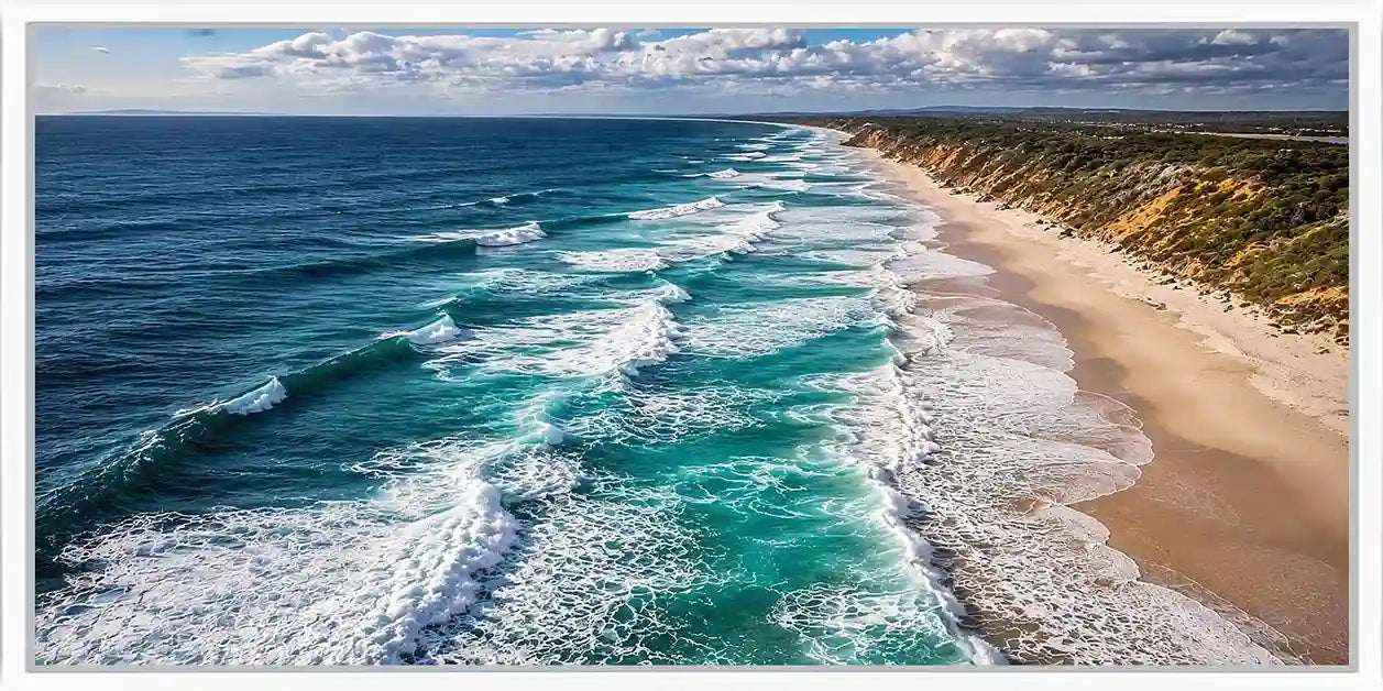 Moody aerial coastline canvas art for dramatic modern office decor.