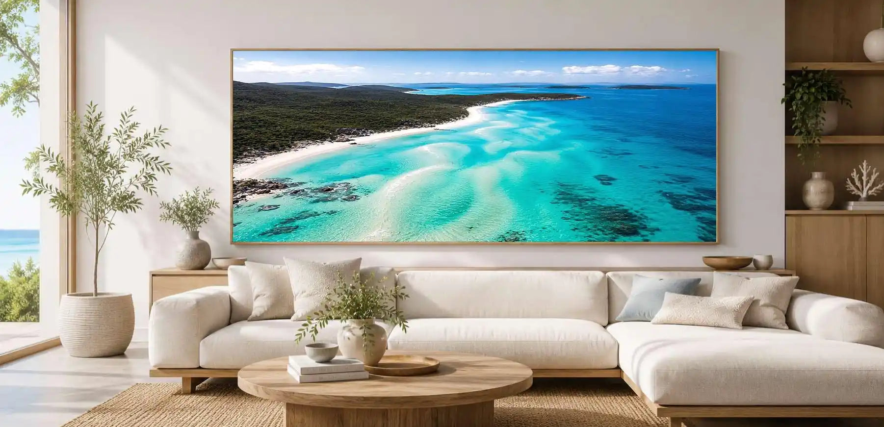 Island turquoise bay canvas art for luxury coastal living room decor.