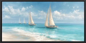 Nautical sailboat canvas art for calm coastal living room decor.