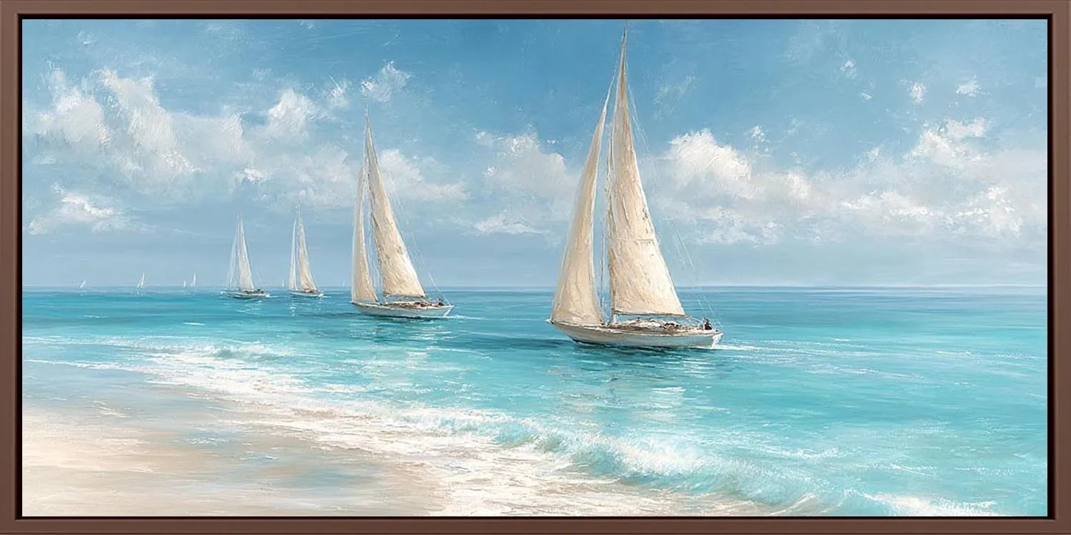 Nautical sailboat canvas art for calm coastal living room decor.