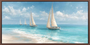 Nautical sailboat canvas art for calm coastal living room decor.