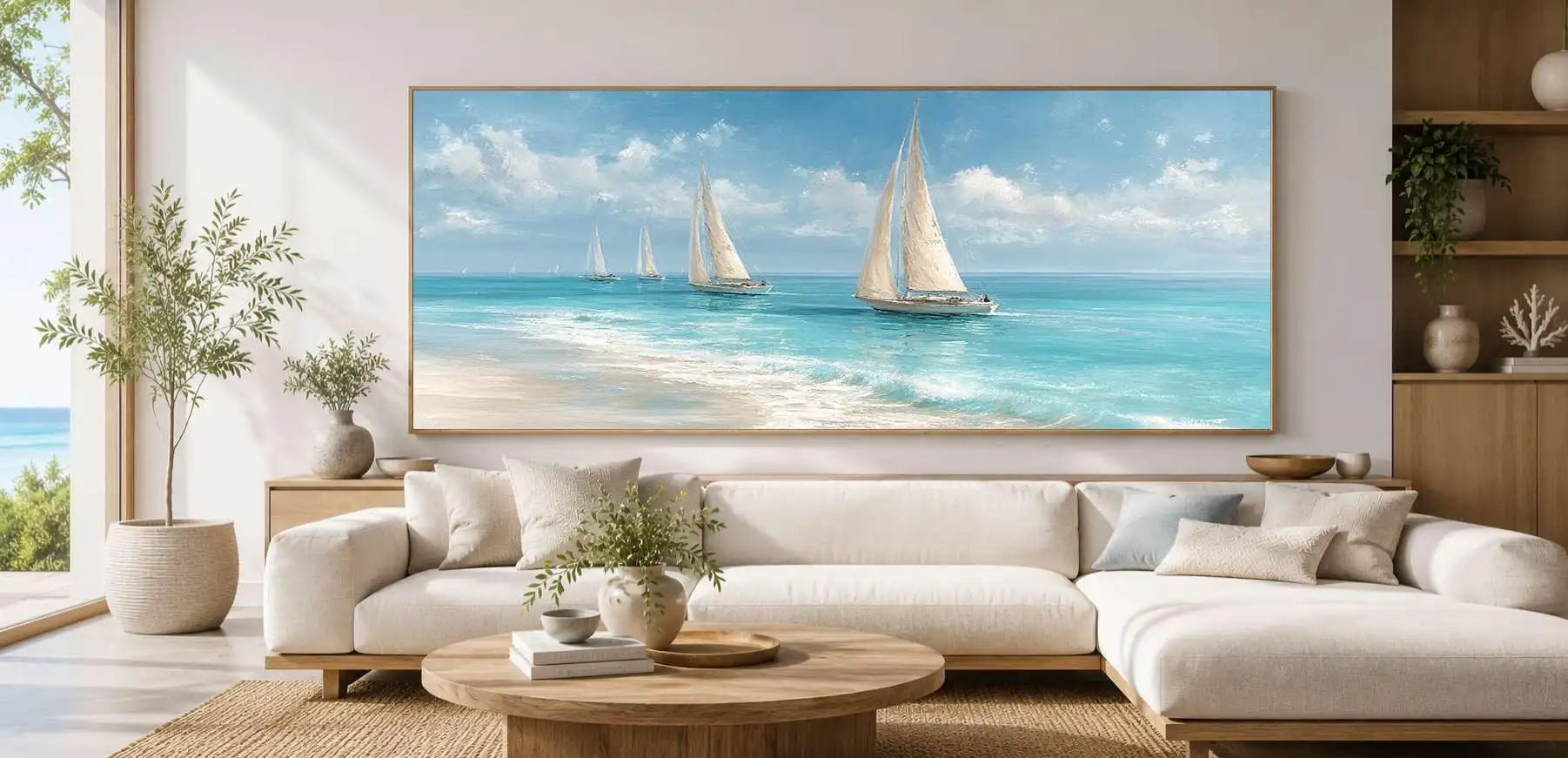 Nautical sailboat canvas art for calm coastal living room decor.