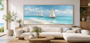 Nautical sailboat canvas art for calm coastal living room decor.