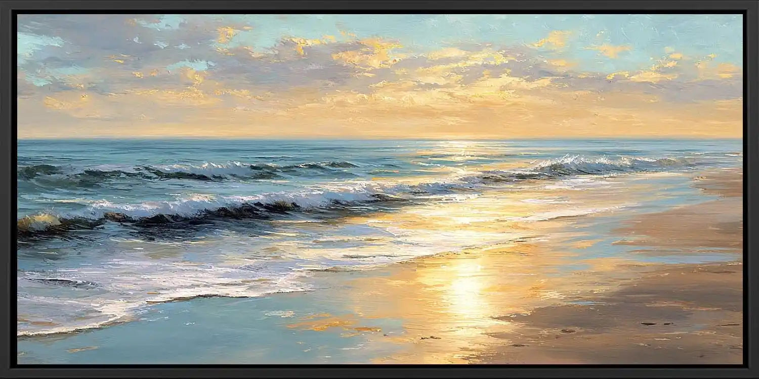 Sunlit coastal beach canvas art with ocean waves and soft golden reflections.