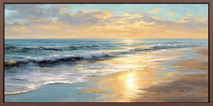 Sunlit coastal beach canvas art with ocean waves and soft golden reflections.