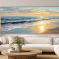 Sunlit coastal beach canvas art with ocean waves and soft golden reflections.