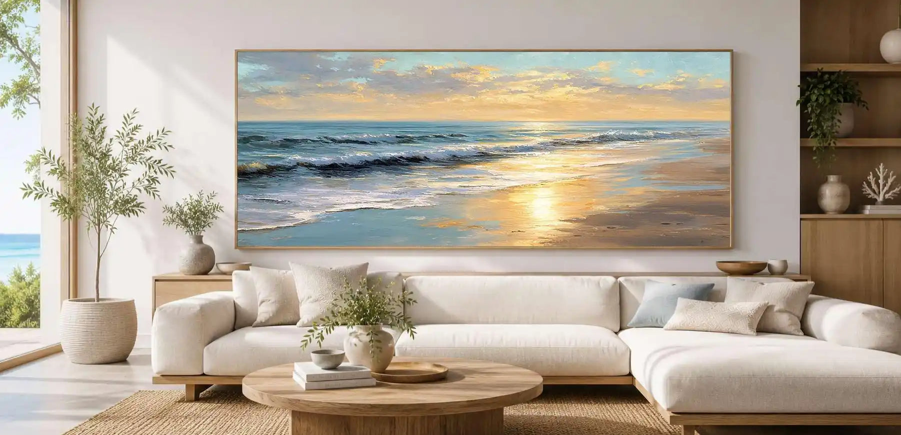 Sunlit coastal beach canvas art with ocean waves and soft golden reflections.
