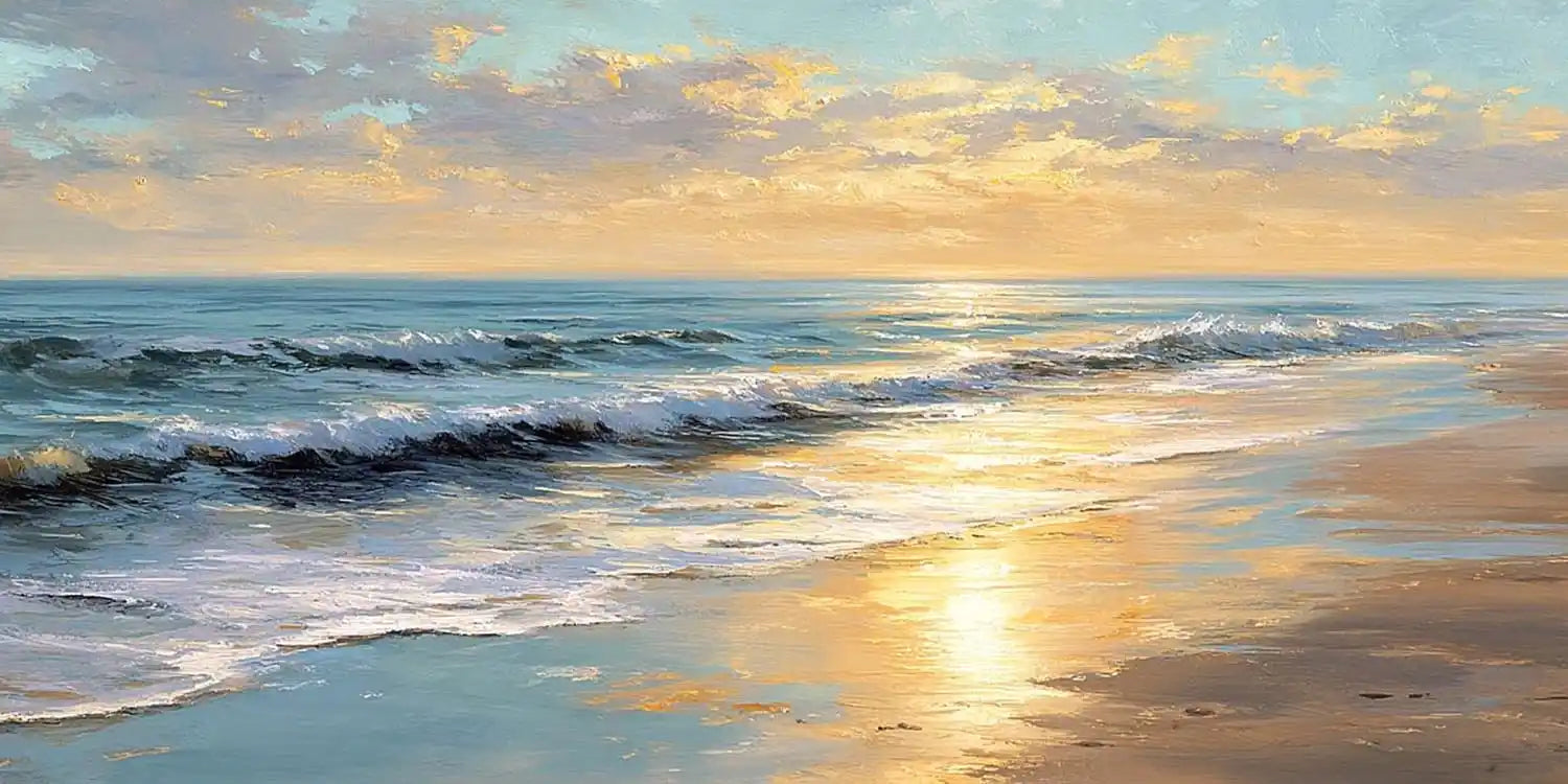 Sunlit coastal beach canvas art with ocean waves and soft golden reflections.