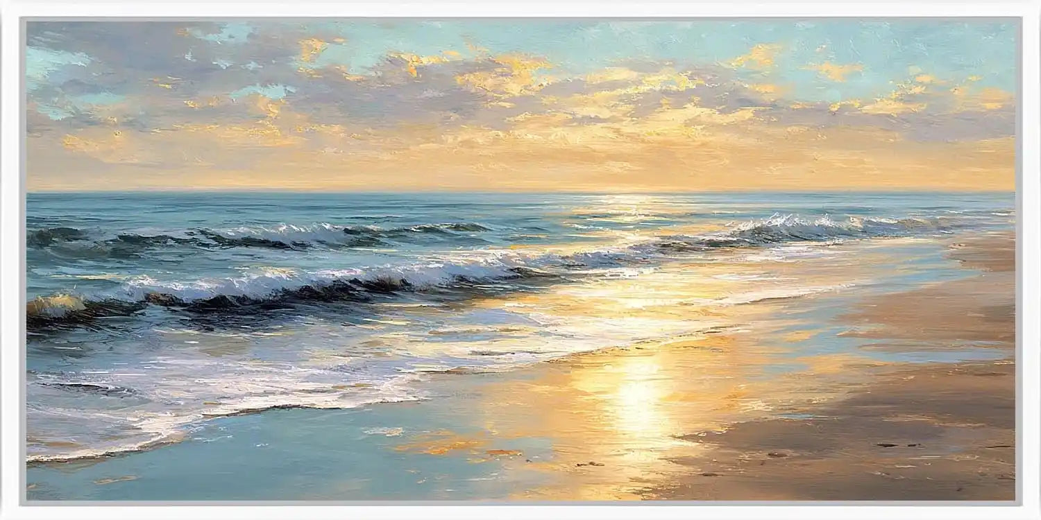 Sunlit coastal beach canvas art with ocean waves and soft golden reflections.