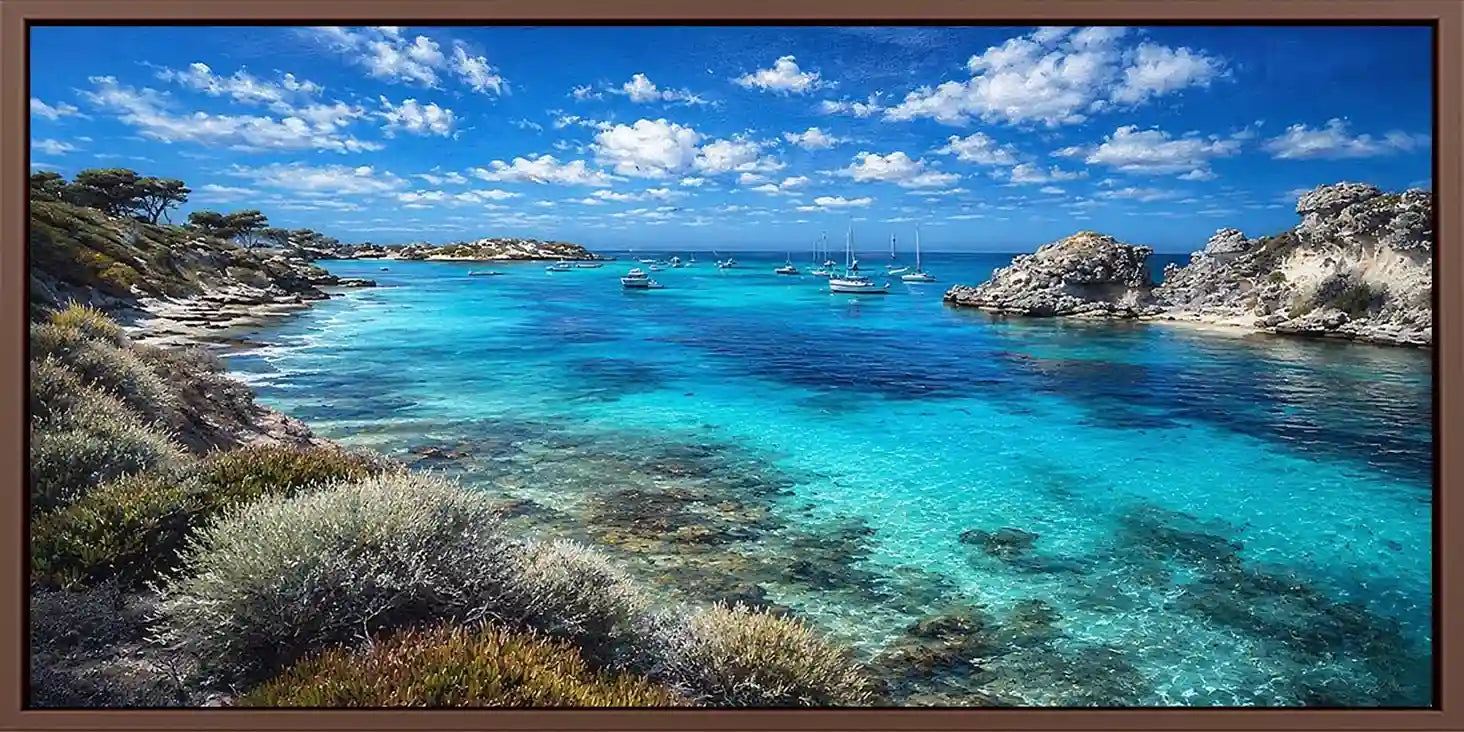 Bright turquoise cove canvas art with boats for beach house living room decor.