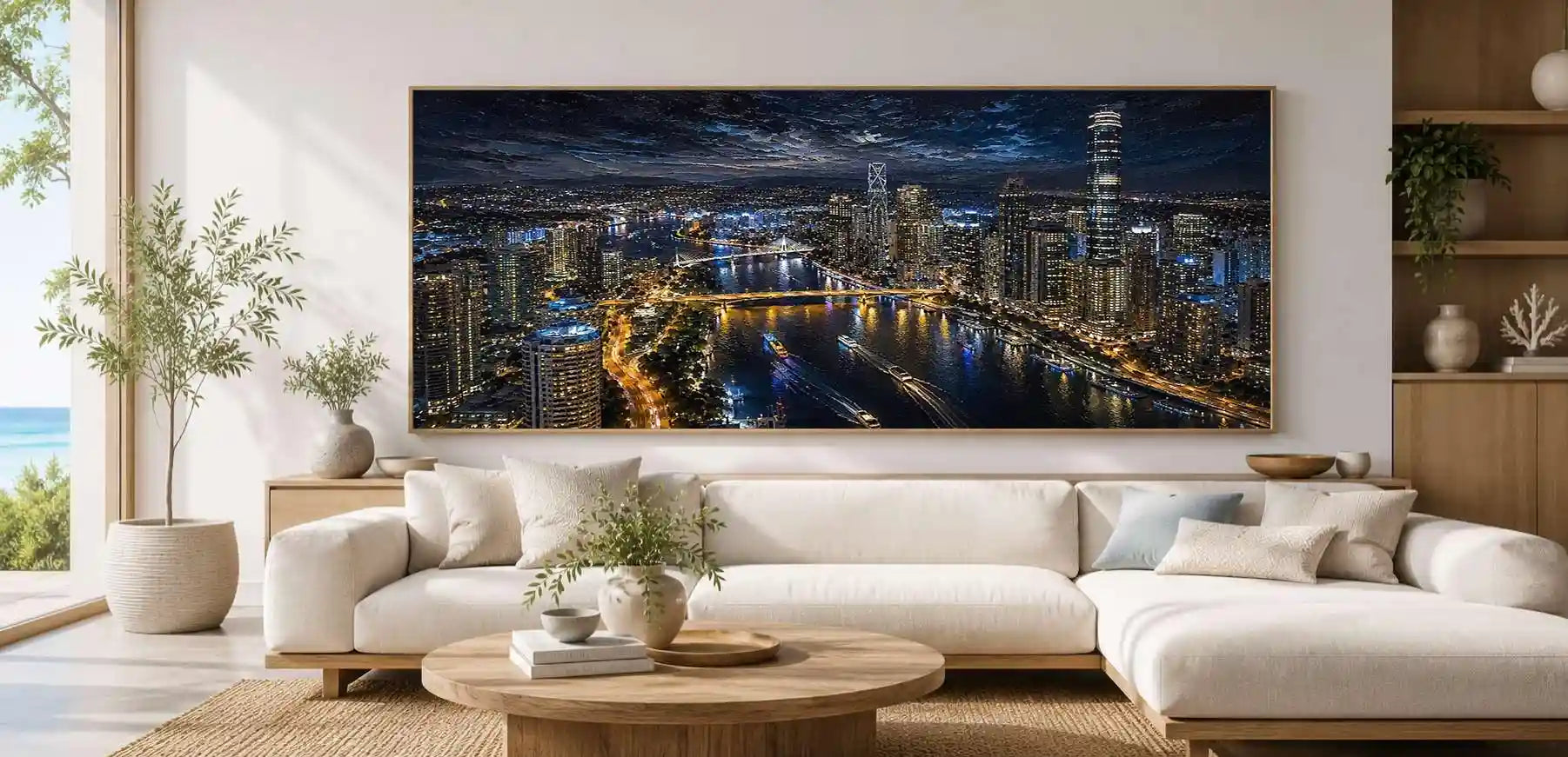 Night city skyline canvas art with bridge, river lights and dramatic reflections.