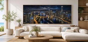 Night city skyline canvas art with bridge, river lights and dramatic reflections.