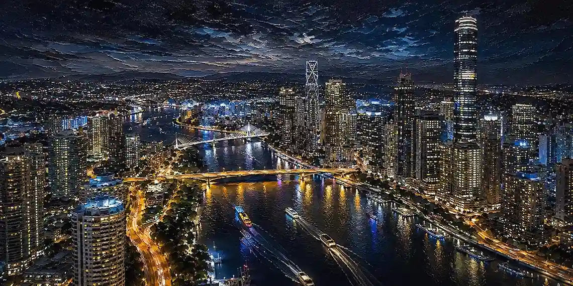 Night city skyline canvas art with bridge, river lights and dramatic reflections.