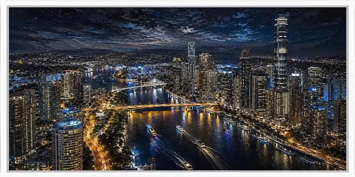Night city skyline canvas art with bridge, river lights and dramatic reflections.