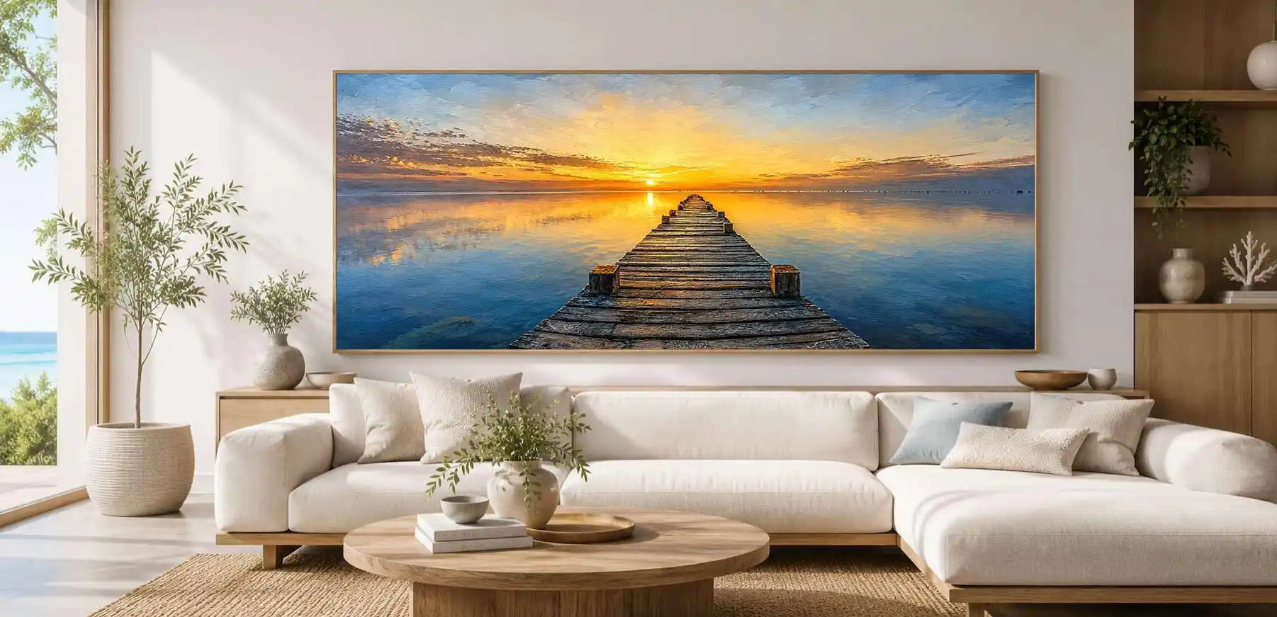 Sunset pier canvas print with calm water, wooden jetty and glowing horizon.