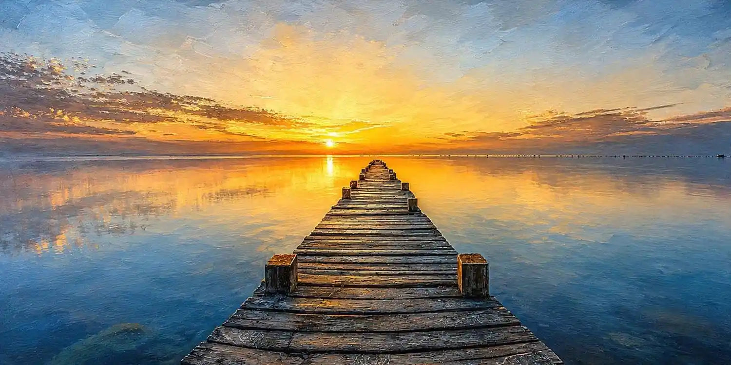 Sunset pier canvas print with calm water, wooden jetty and glowing horizon.