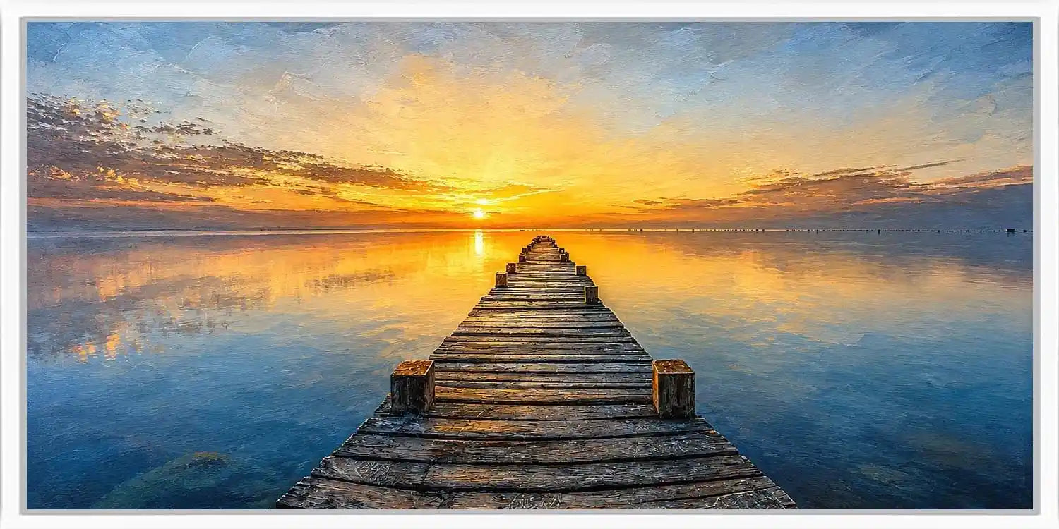 Sunset pier canvas print with calm water, wooden jetty and glowing horizon.