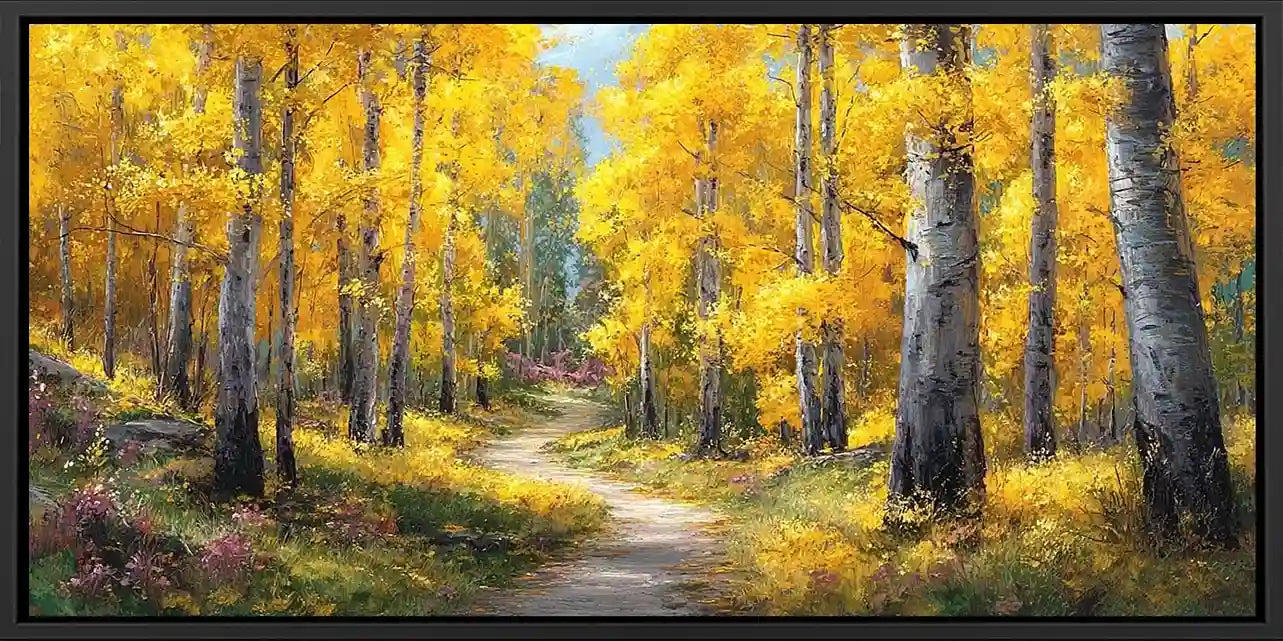 Golden autumn forest canvas art with winding path and bright yellow trees.