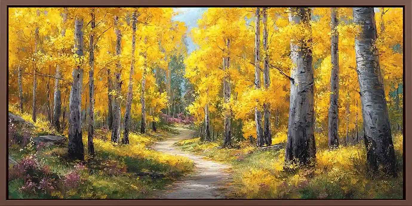 Golden autumn forest canvas art with winding path and bright yellow trees.