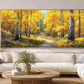 Golden autumn forest canvas art with winding path and bright yellow trees.