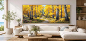 Golden autumn forest canvas art with winding path and bright yellow trees.