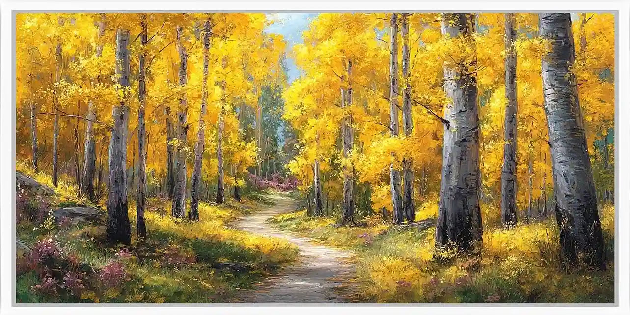 Golden autumn forest canvas art with winding path and bright yellow trees.