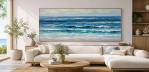 Deep blue ocean wave canvas art with layered surf and soft coastal movement.