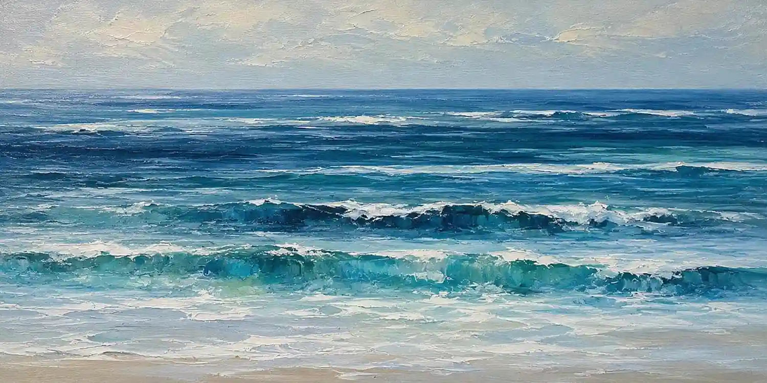 Deep blue ocean wave canvas art with layered surf and soft coastal movement.