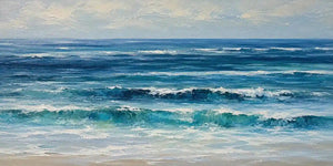 Deep blue ocean wave canvas art with layered surf and soft coastal movement.