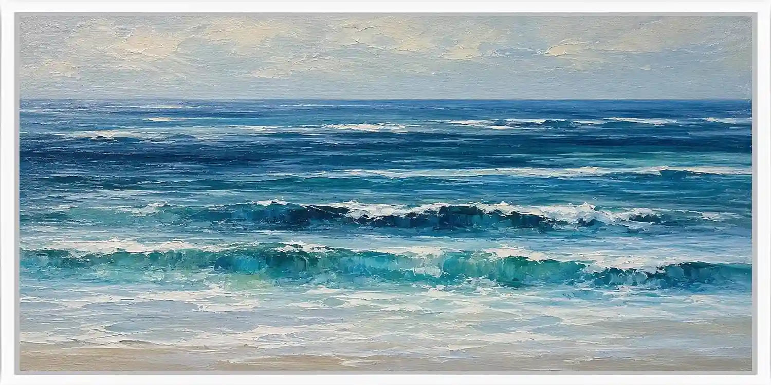 Deep blue ocean wave canvas art with layered surf and soft coastal movement.