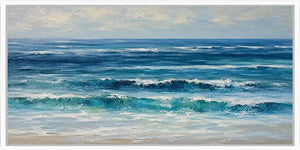 Deep blue ocean wave canvas art with layered surf and soft coastal movement.