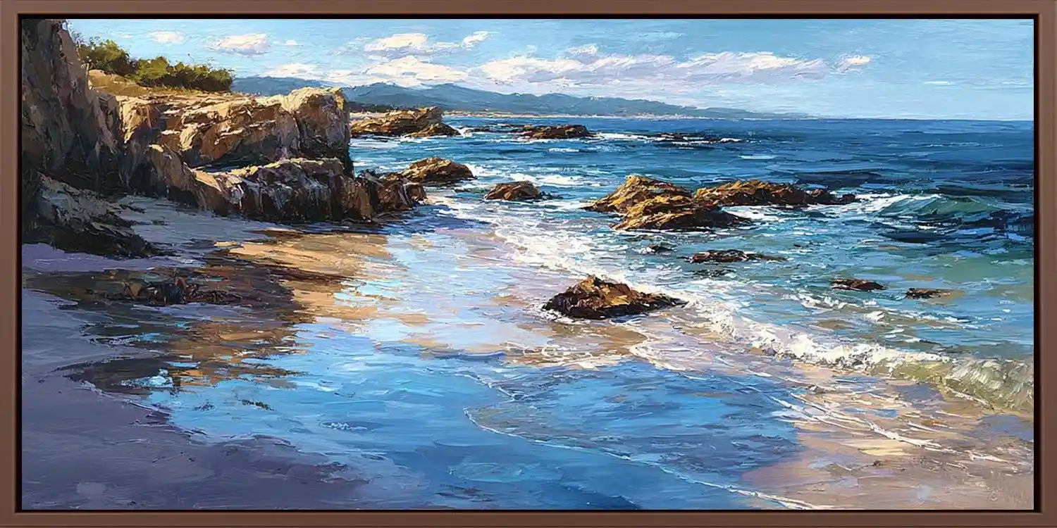 Rocky coastal shoreline canvas art with blue sea, cliffs and sunlit reflections.